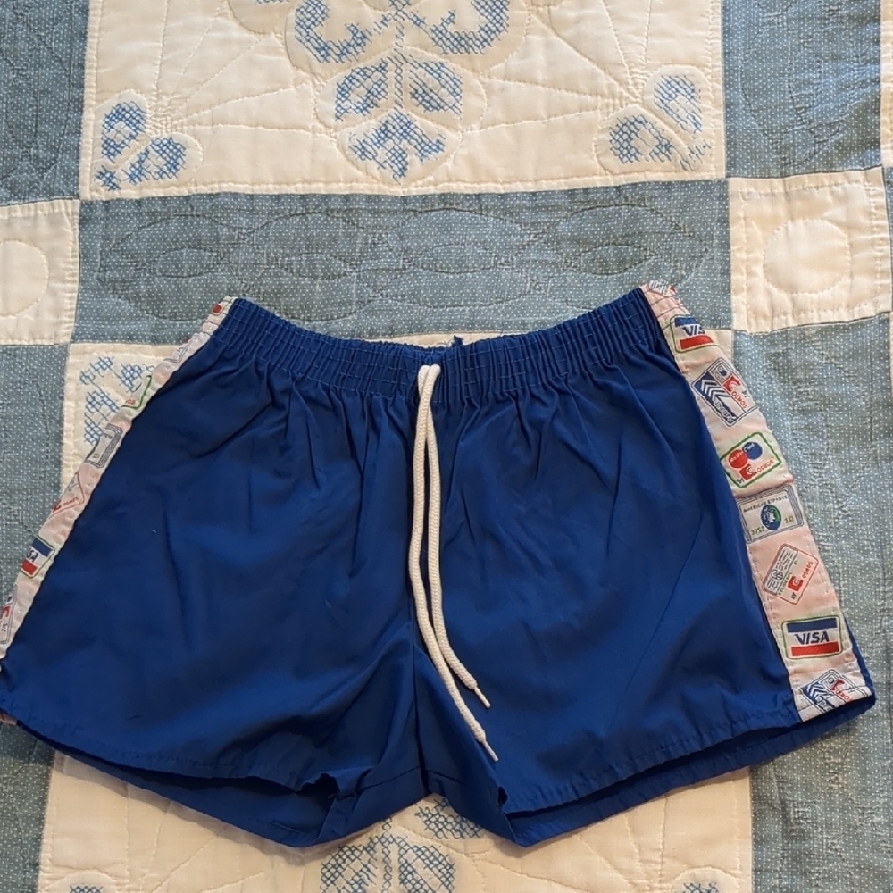 70s Italian Kitschy Blue Running Shorts Credit Card Graphics XSmall - Picture 2 of 5